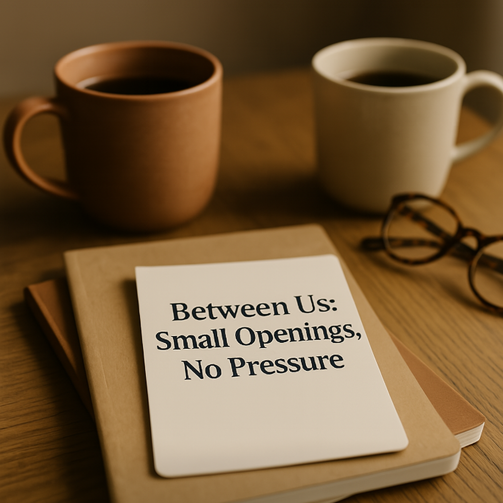 Image of two coffee mugs, notebook, and glasses next to a guide titled 'Between Us: Small Openings, No Pressure